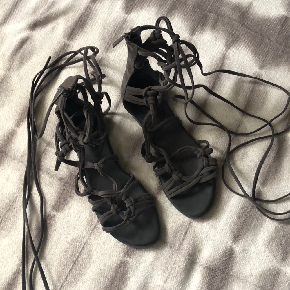 Faux suede charcoal grey lace up sandals